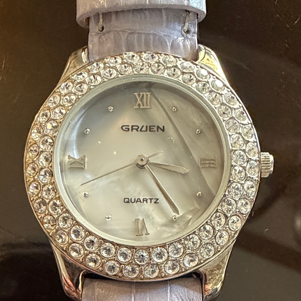 Gruen Silver Quartz Watch with Crystal Accents